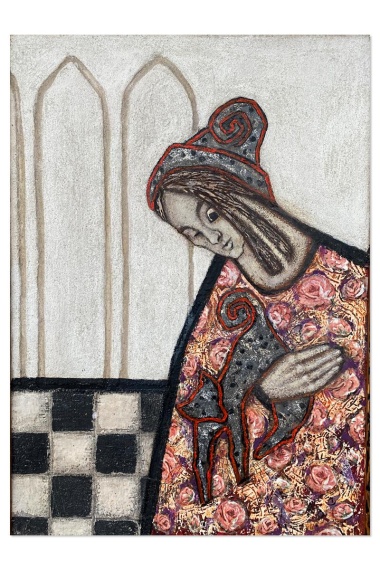 Madonna rózsás ruhában, macskával.